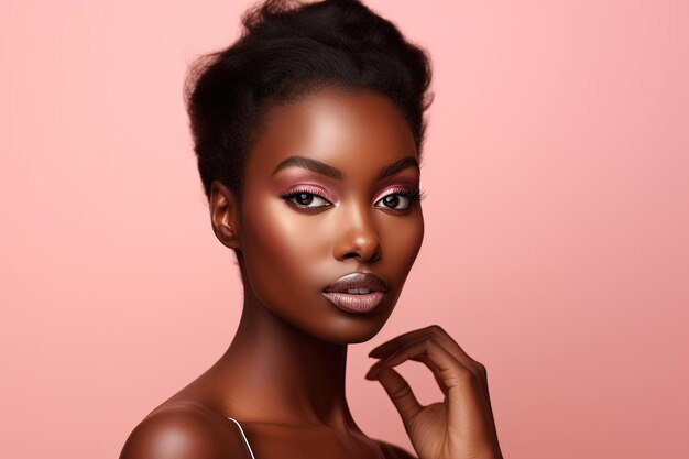 Portrait de beauté d'une jeune femme afro-américaine sur fond rose