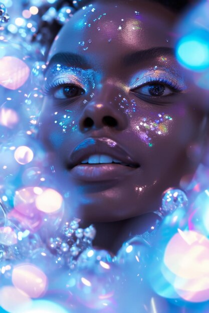 Portrait de beauté d'une jeune femme afro-américaine avec des lumières bokeh