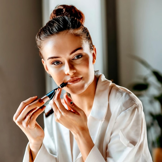 Portrait de beauté d'une jeune femme belle appliquant de la poudre de maquillage rouge