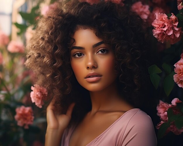 Portrait de beauté d'une jeune femme noire dans un jardin en fleurs