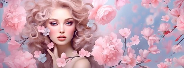 Portrait de beauté d'une jeune fille blonde sur fond floral rose