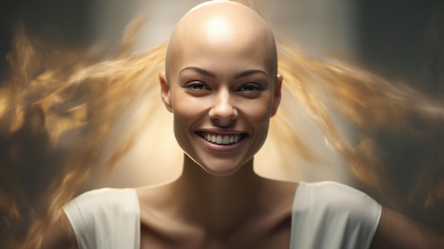 Portrait de beauté moderne d'une femme chauve confiante Une fille à la tête rasée Une femme forte et heureuse qui a vaincu le cancer