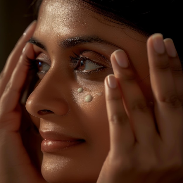 Portrait de beauté sereine avec soin de la peau texturé en gros plan