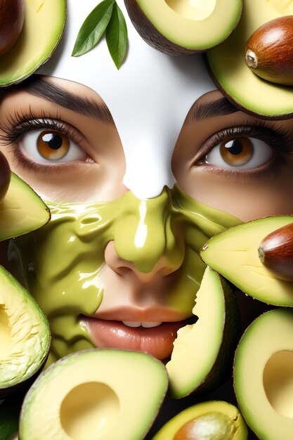 Photo portrait de beauté soins de la peau santé masque d'avocat fond blanc gros plan masque cosmétique