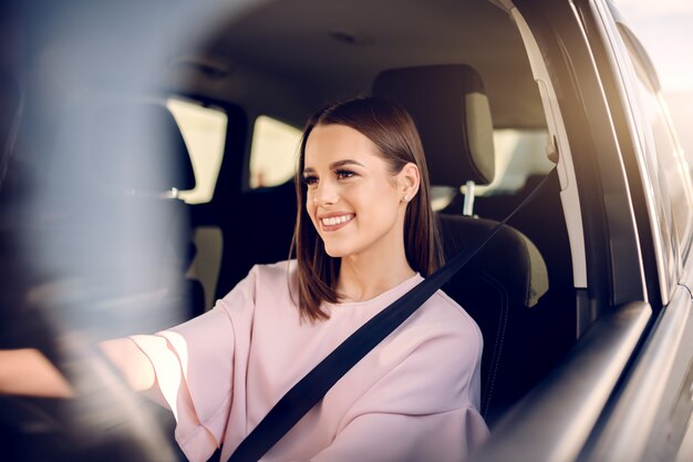 Portrait de la beauté avec le sourire à pleines dents au volant de la voiture. Mains sur le volant.