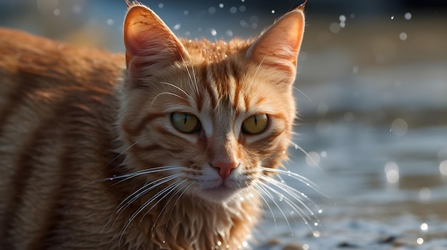 Un portrait de beaux chats domestiques à rayures jaunes se mouillent de l'eau et regardent directement quelque chose avec un fond d'eau flou