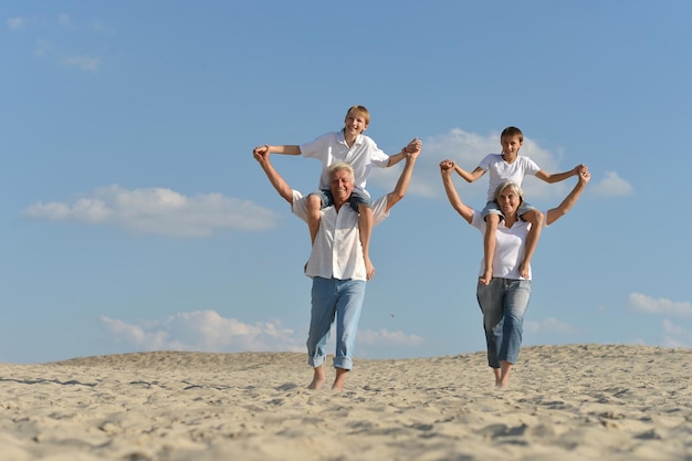 Portrait de beaux grands-parents avec leurs petits-enfants sur le sable