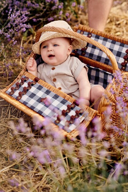 Portrait d'un bébé dans un champ de lavande