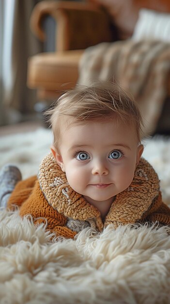 Portrait de bébé drôle à l'intérieur sur un tapis blanc à la maison