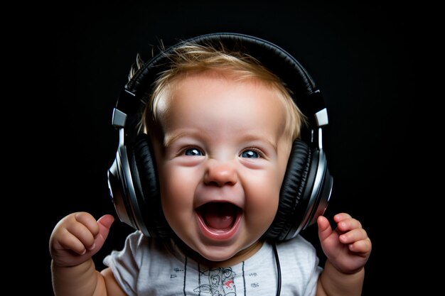 portrait d'un bébé fou dans des écouteurs sur un fond noir