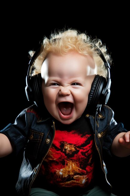 portrait d'un bébé fou dans des écouteurs sur un fond noir