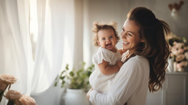 Portrait d'un bébé et d'une mère souriants