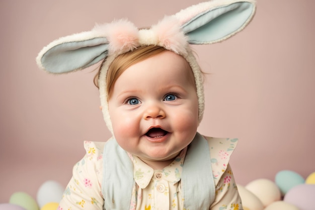 Portrait de bébé mignon portant des oreilles de lapin de Pâques printemps ai générative