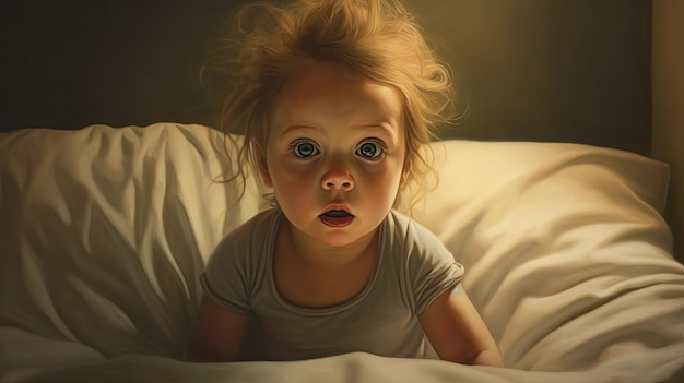 Portrait d&#39;un bébé rampant sur le lit dans sa chambre
