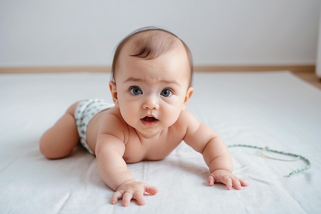 Portrait d'un bébé rampant sur le lit de sa chambre