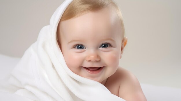 Portrait d'un bébé souriant enveloppé dans une serviette blanche