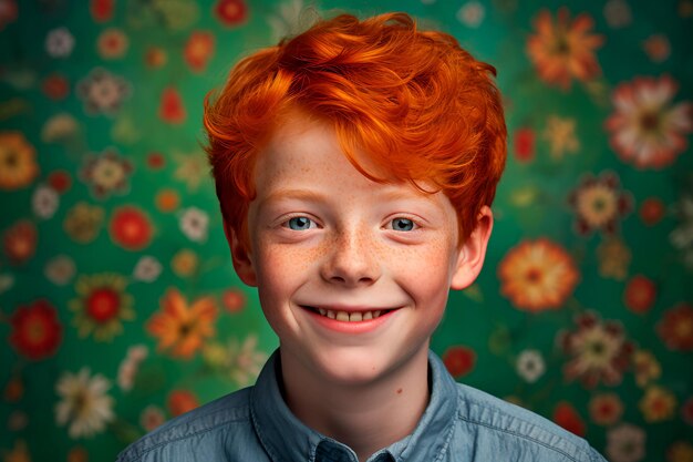 Portrait d'un bel enfant aux cheveux roux sur un fond coloré Un enfant heureux une enfance joyeuse