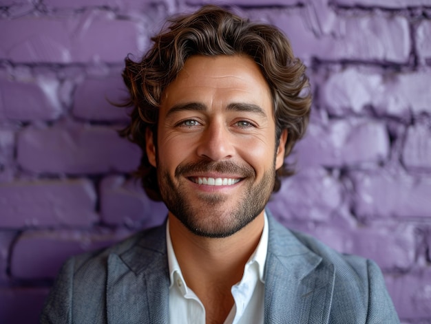 Portrait d'un bel homme d'affaires souriant avec un costume dans un fond de studio professionnel