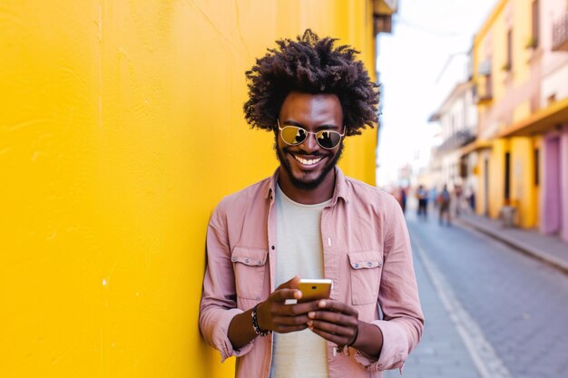 Portrait d'un bel homme afro souriant utilisant son téléphone portable