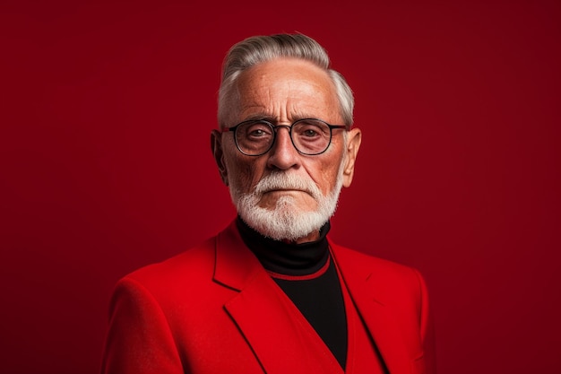 Portrait d'un bel homme âgé en lunettes isolé sur fond rouge