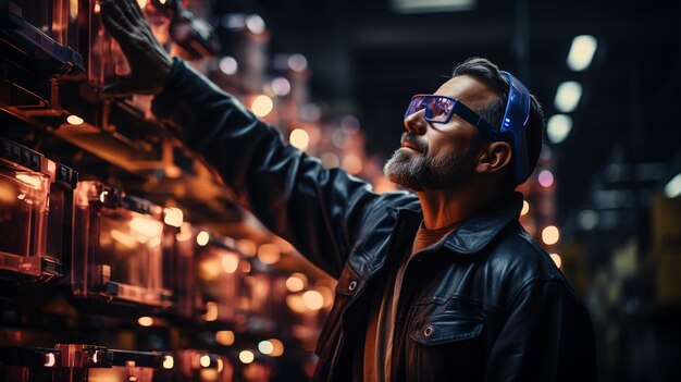 Portrait d'un bel homme d'âge moyen dans une veste en cuir et des lunettes rouges la nuit