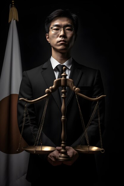 Portrait d'un bel homme asiatique avocat dans un costume noir