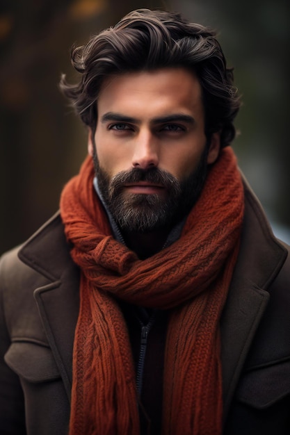 Portrait d'un bel homme barbu dans un manteau et une écharpe Mode de beauté pour hommes