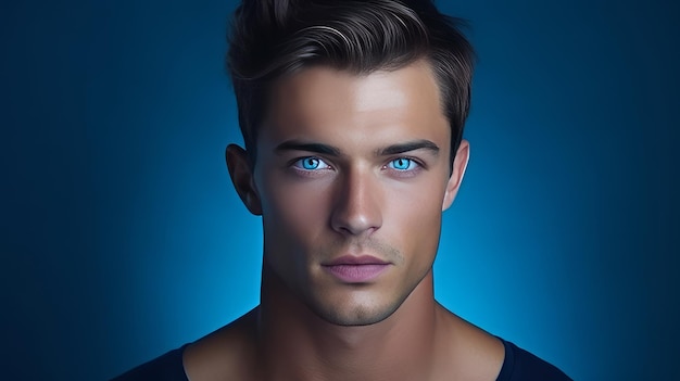 Portrait d'un bel homme caucasien élégant et sexy avec une peau parfaite sur une bannière de fond bleu foncé