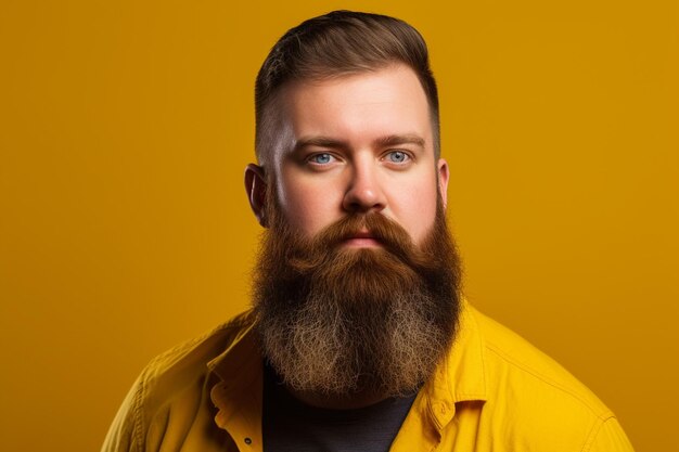 Portrait d'un bel homme dans une veste jaune avec une longue barbe et moustache sur fond jaune