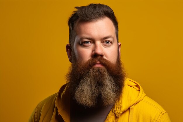 Portrait d'un bel homme dans une veste jaune avec une longue barbe et moustache sur fond jaune