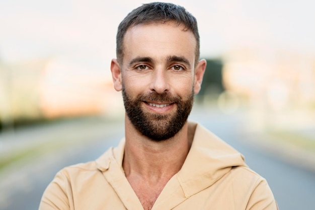 Portrait d'un bel homme latin souriant portant des vêtements décontractés regardant la caméra dans la rue