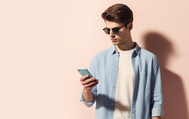 Portrait d'un bel homme avec des lunettes de soleil utilisant un téléphone portable intelligent pour l'éducation aux achats en ligne