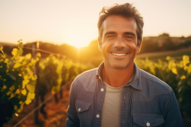 Portrait d'un bel homme mûr dans une vigne au coucher du soleil