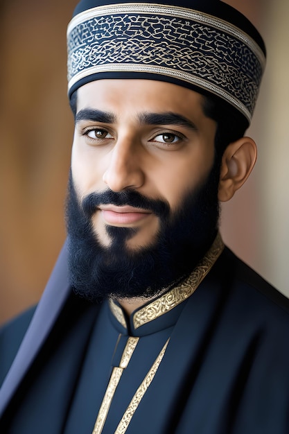 Photo portrait d'un bel homme musulman avec une barbe noire et une moustache