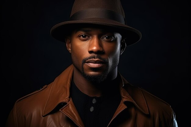 Portrait d'un bel homme de peau noire regardant sur le côté vêtu d'une veste brune et d'un chapeau noir