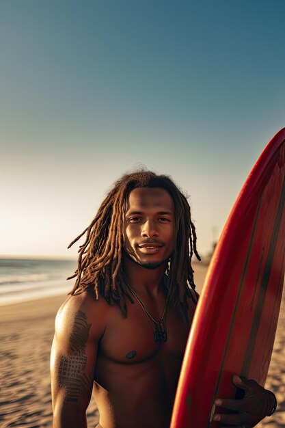 Portrait d'un bel homme surfeur debout avec une planche de surf sur la plage jeune surfeur afro-américain
