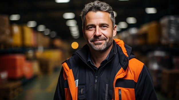 portrait d'un bel homme en uniforme debout à l'entrepôt