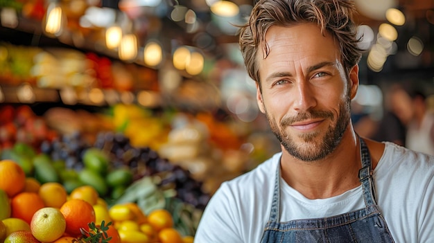 Portrait d'un bel homme vendant des fruits et des légumes au marché