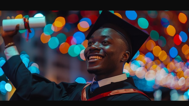 Portrait d'un bel jeune homme caucasien confiant portant une robe de graduation noire et une casquette debout avec les bras croisés contre le mur blanc