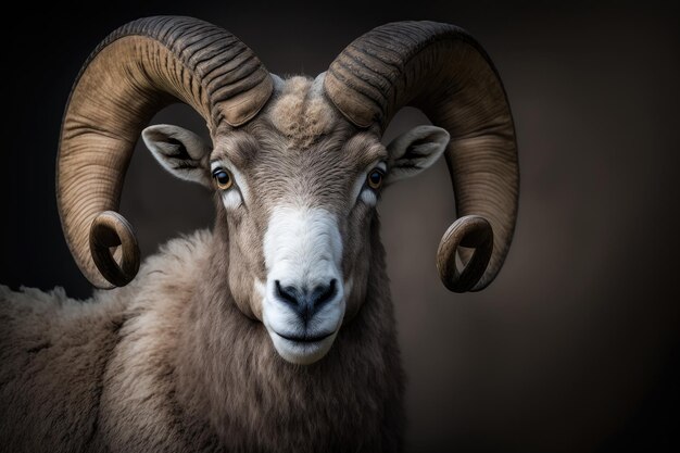 Portrait d'un bélier sauvage à grandes cornes un mouflon un mouton de montagne ou tout autre animal à cornes