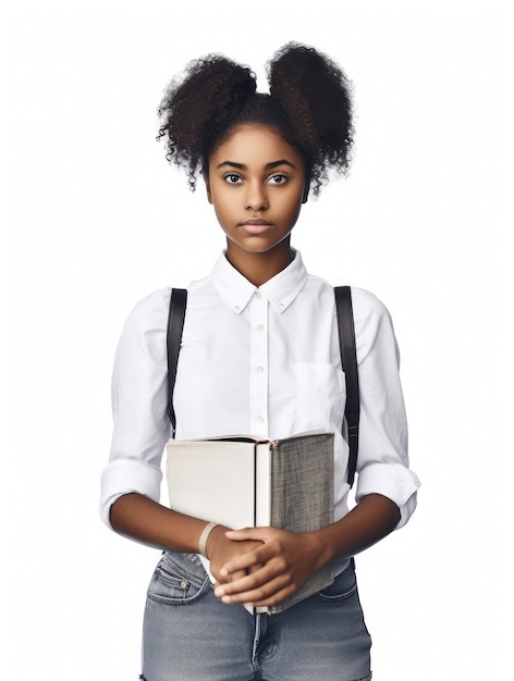 Portrait d'une belle adolescente noire avec des livres à la main concept d'éducation sur fond blanc