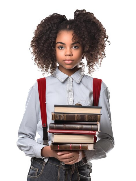 Photo portrait d'une belle adolescente noire avec des livres à la main