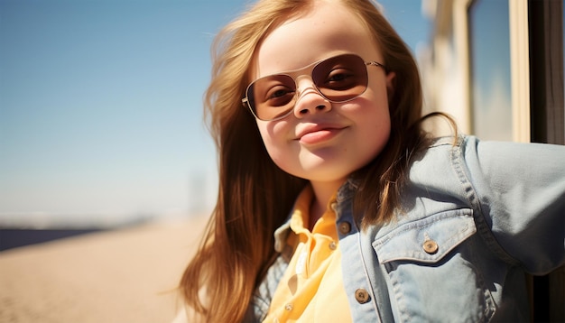 Portrait d'une belle adolescente avec le syndrome de Down sur une plage en été qui rit heureuse.