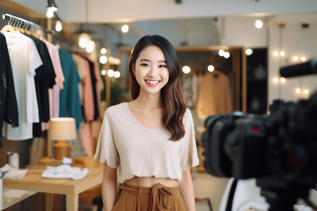 Portrait d'une belle blogueuse asiatique souriant et regardant la caméra