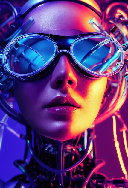 Portrait d'une belle fashionista cyberpunk fictive portant de belles lunettes cyberpunk