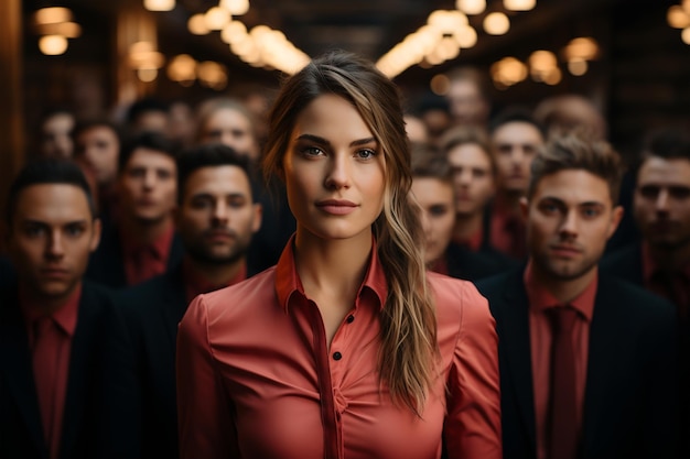 Portrait d'une belle femme d'affaires debout devant un groupe de personnes