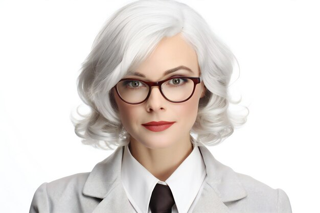 Portrait d'une belle femme d'affaires en lunettes sur un fond blanc