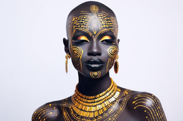 Portrait d'une belle femme africaine avec un art corporel inhabituel avec une peau noire et des yeux de couleur et