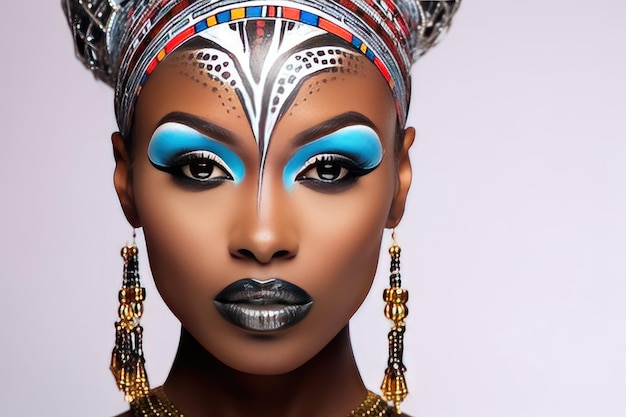 Portrait d'une belle femme africaine avec un art corporel inhabituel avec une peau noire et des yeux de couleur et