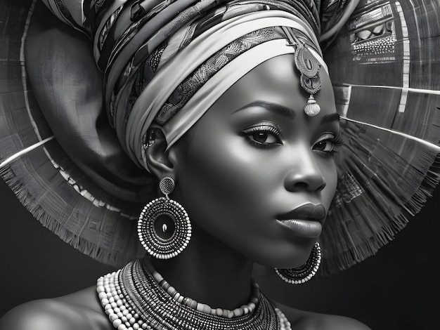 Portrait d'une belle femme africaine en beauté portant des accessoires traditionnels faits à la main